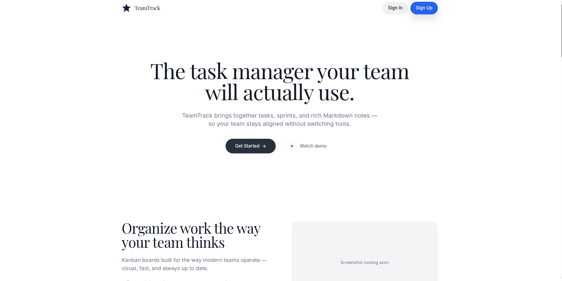 TeamTrack landing page